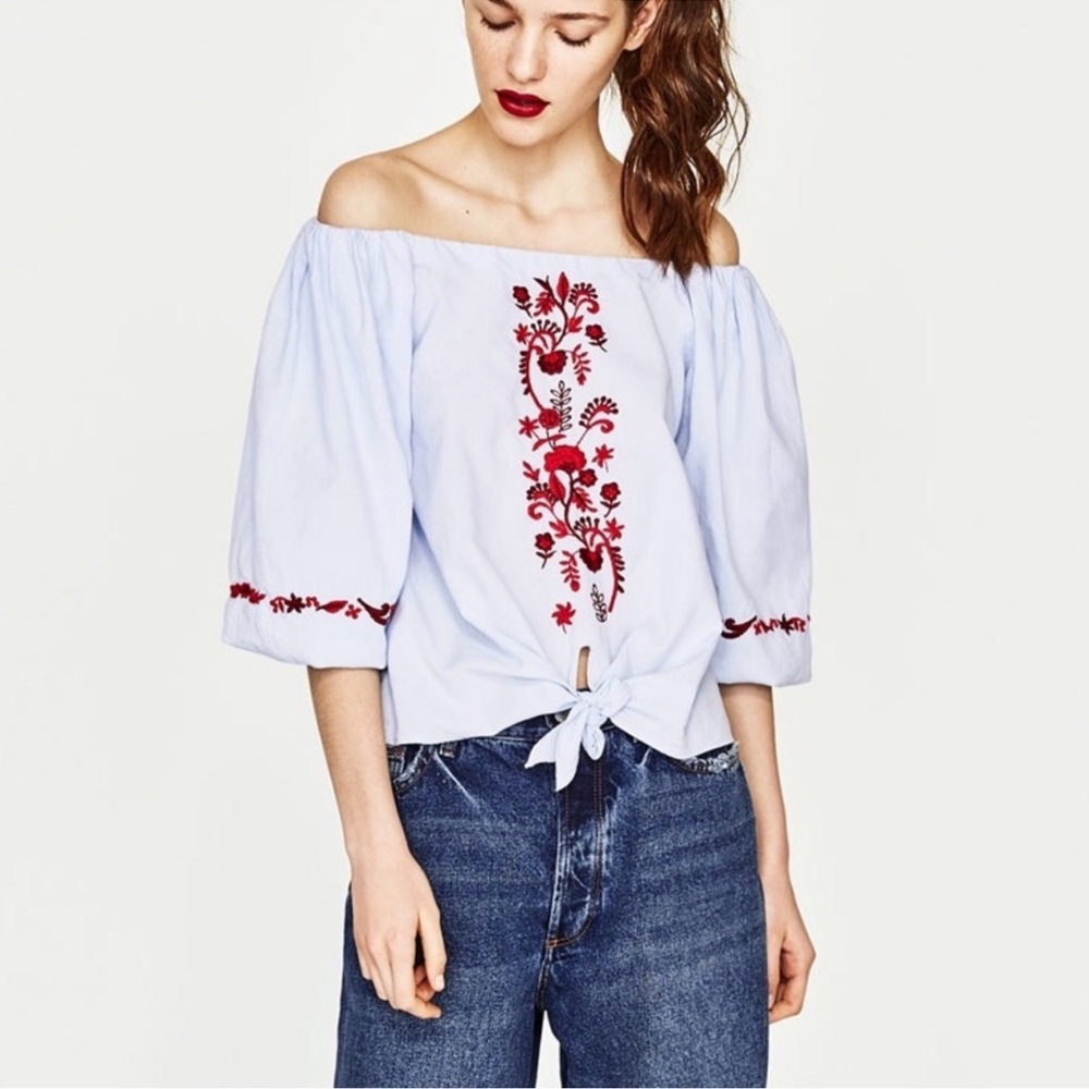 Zara Light Blue Off Shoulder Top With Red Embroidery Women’s Size Large With Tie